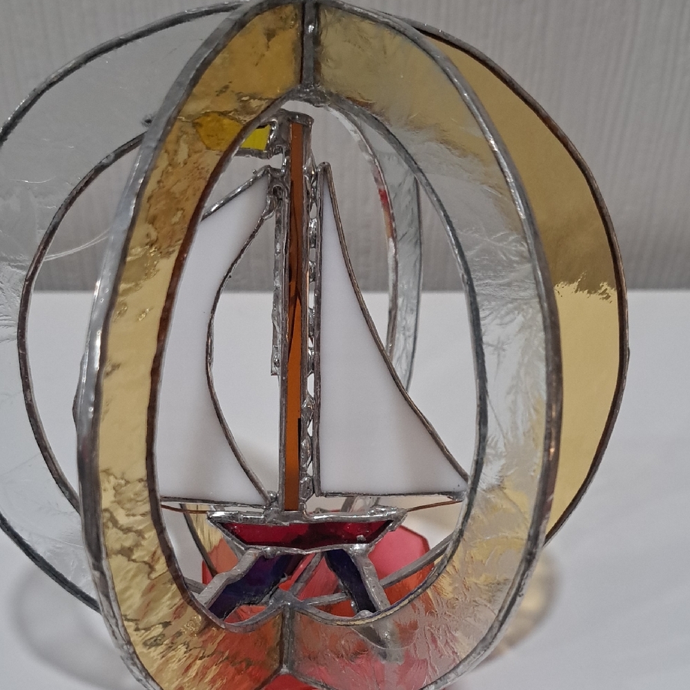 Stained Glass Sailboat Ornament in White, Gold, Red